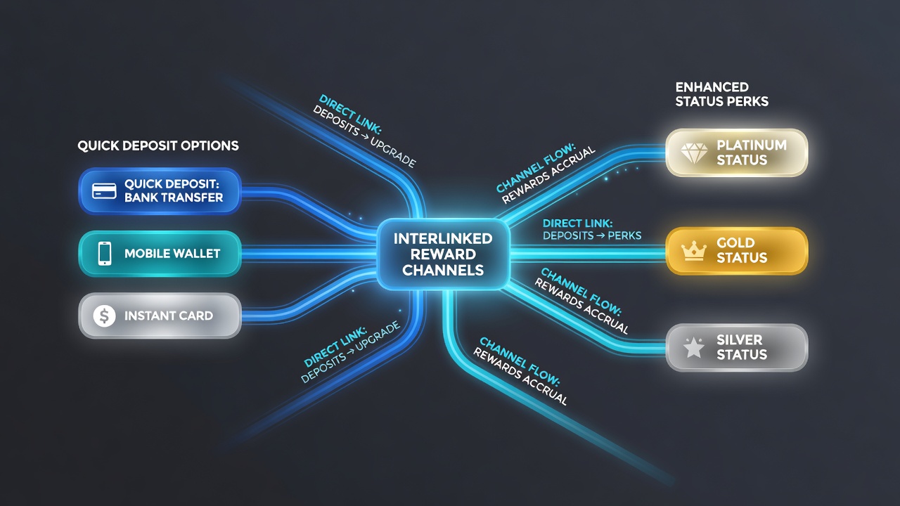 Visualisierung der Verknüpfung von Einzahlungsoptionen mit Statusperks in Live-Wett- und Slot-Umgebungen