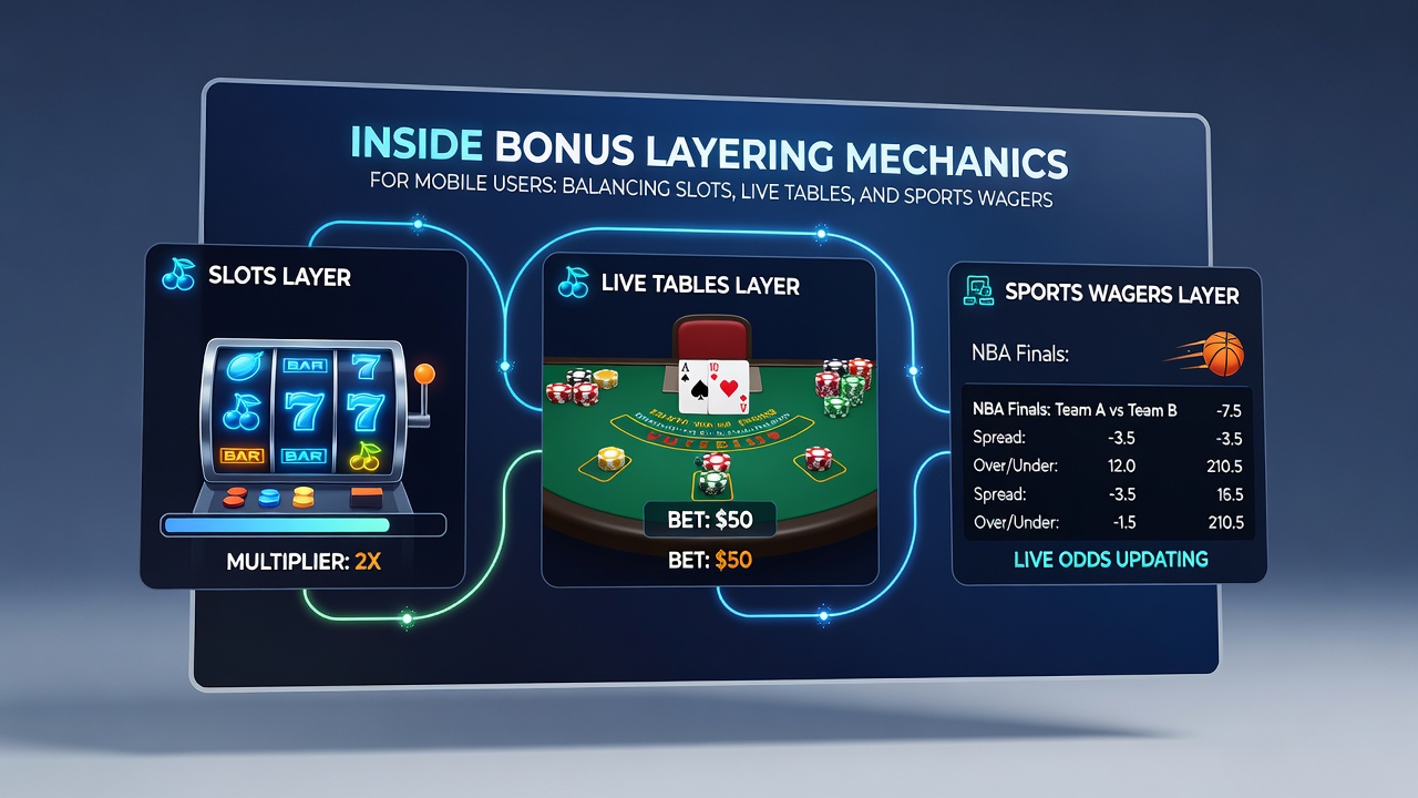 Darstellung von Bonus-Layern über Slots, Live-Tische und Sportwetten in einer mobilen App-Oberfläche