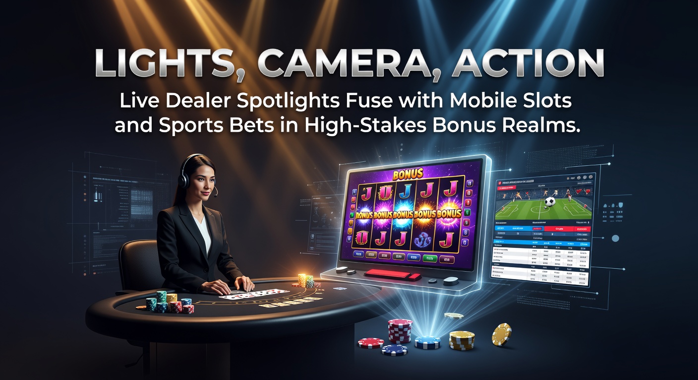 Live-Dealer-Tisch mit hellen Spotlights, umgeben von Mobile-Slot-Symbolen und Sportwetten-Quoten auf einem dynamischen Bildschirm