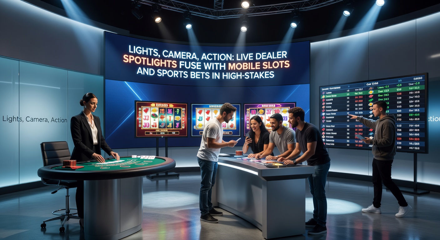 Dynamische Szene mit Mobile Slot-Rädern, Live Dealer am Tisch und überlagerter Sportwetten-Quote für ein Fußballspiel in high-stakes Bonus-Modus