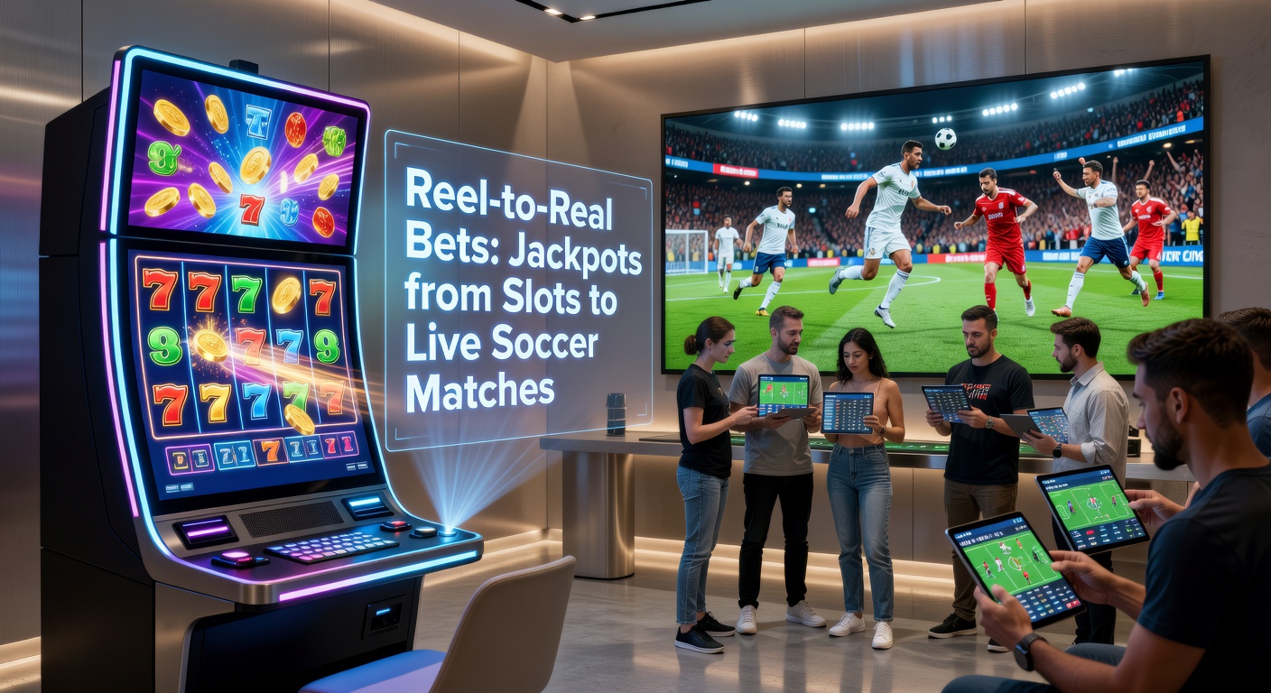 Bunte Slot-Maschinen mit leuchtenden Jackpots wechseln über zu einem lebendigen Fußballstadion unter Flutlicht, symbolisierend den Übergang von digitalen Reels zu realen Matches