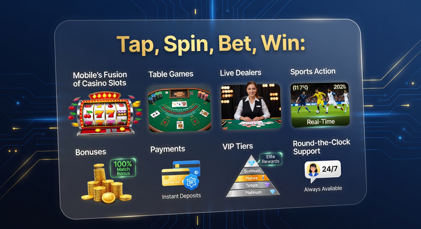 Smartphone mit laufenden Casino-Apps, das Slots, Live-Tische und Sportwetten nahtlos integriert zeigt, umgeben von Symbolen für Boni und Zahlungen